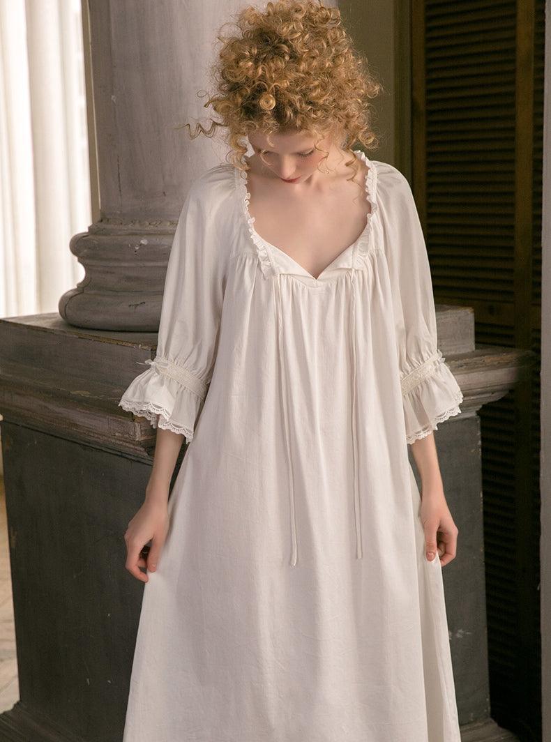 Victorian Nightgown, Sexy V-neck White Lace Nightgown, Women's Sleevel –  Belleroz