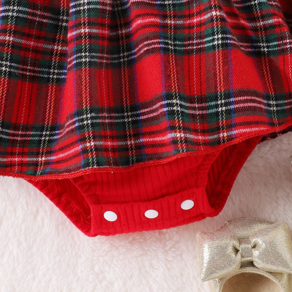 baby 0-12M Christmas Romper, Knit Long Sleeve Plaid Jumpsuit With Headband Xmas Costumes Outfit