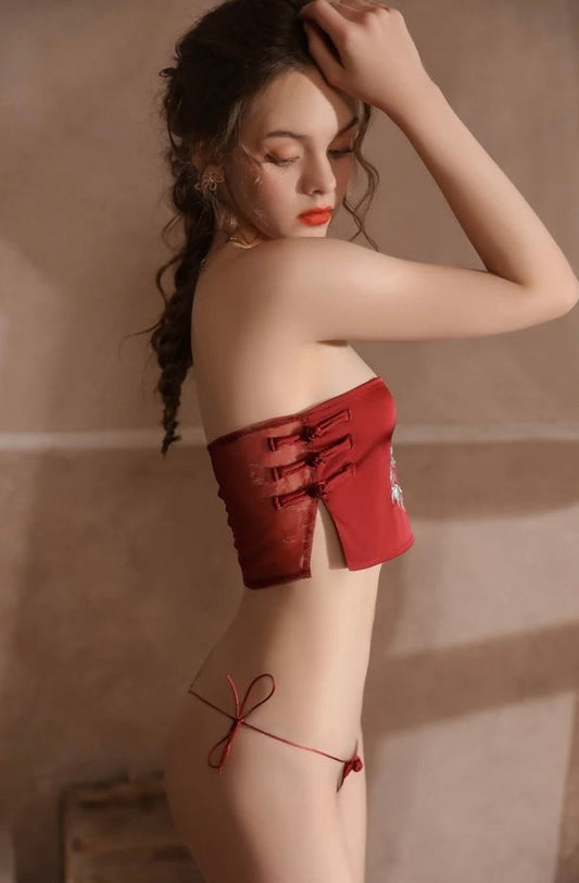 Bellyband Lingerie Set, Sexy Side Bottom Bandage Lace Up Temptation Tube Top with Panty Embroidery Lingerie