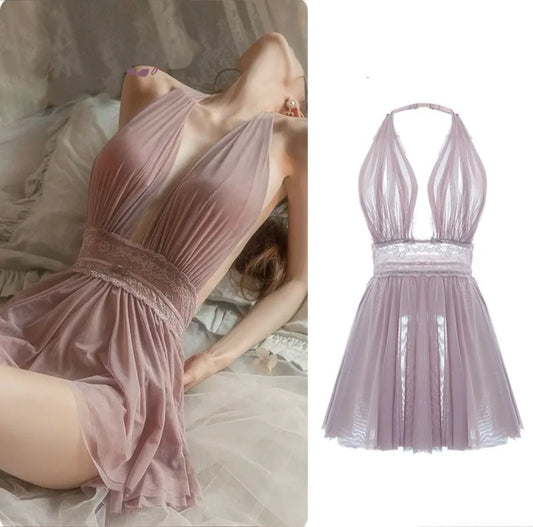 Babydoll Lace Gauze Sleeping Dress, Sexy Mesh Hanging Neck Fairy Backless Tulle Nightdress