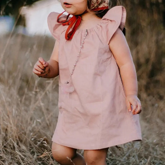Girl Retro Cotton Linen Dress, Bamboo Fiber Blend Solid Color Cute Little Flying Sleeve Princess Dress 2-6T