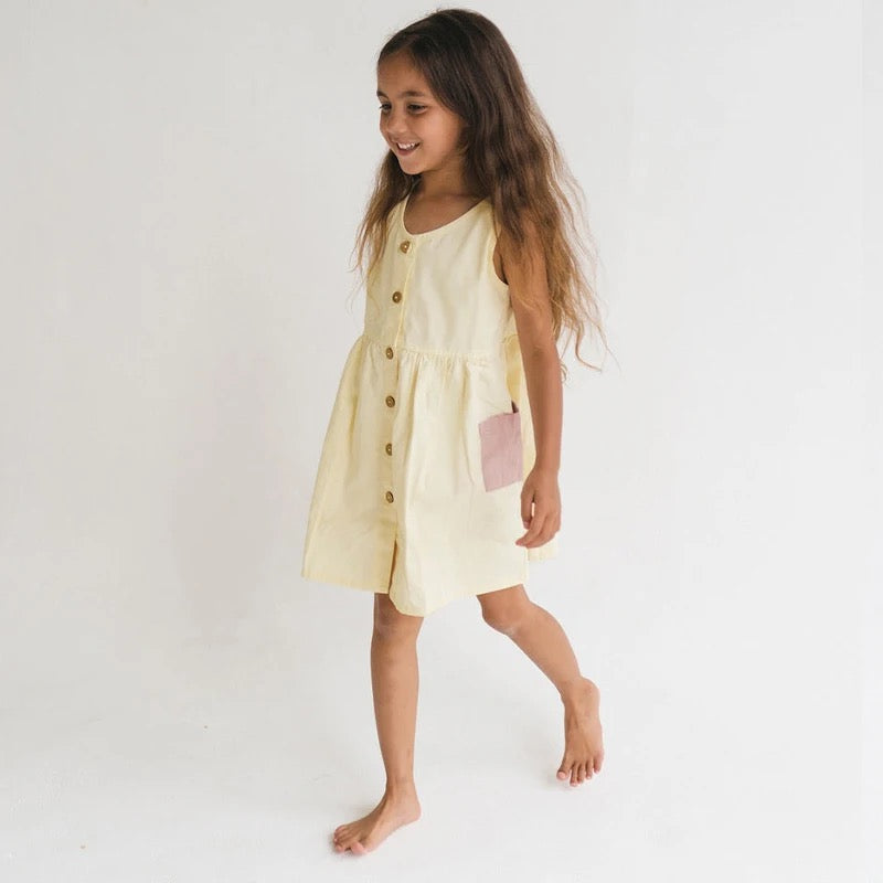 Girl Retro Linen Splicing Pockets Dress, Toddler Casual Loose Round Neck Buttons Cotton And Linen Dress 2-6T