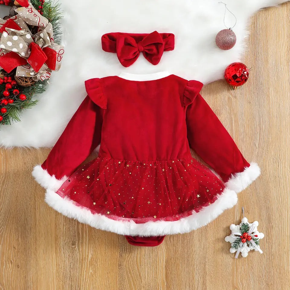 Baby 0-24M Christmas Red Romper, Newborn Toddler Infant Girl Velvet Ruffle Jumpsuit Xmas New Year Costume