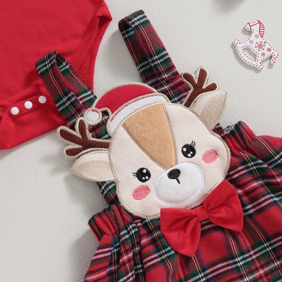 baby 0-18M Christmas Romper Set, Knit Red Romper Deer Plaid Dress With Headband Xmas Outfit