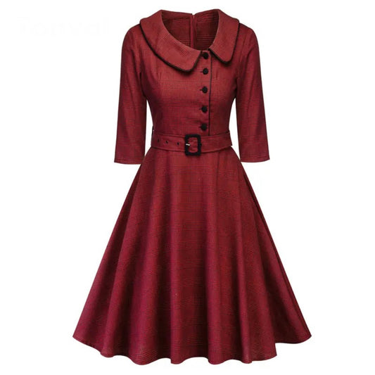Casual Elegant Retro Dress, 3/4 Sleeve Dress Belted Retro Dress