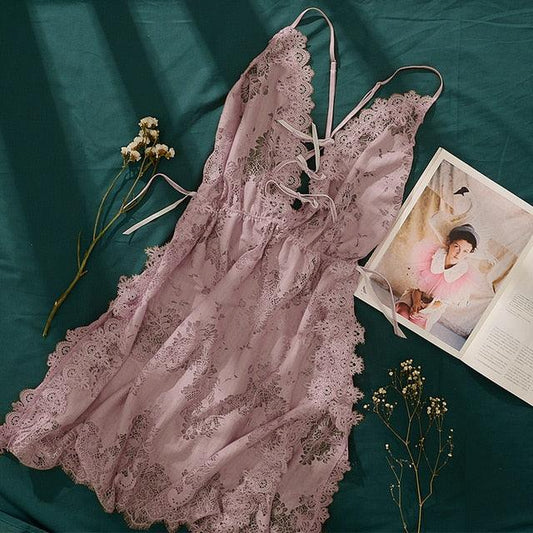 Floral Hollowed Out Lace Nightdress, Nightgown Sleepwear Lingerie Dress, Spaghetti Strap Lace Slip with Thongs - Belleroz