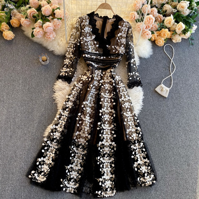 Bohemian Embroidered Flower Dress, Patchwork Lace Vintage Boho Dress