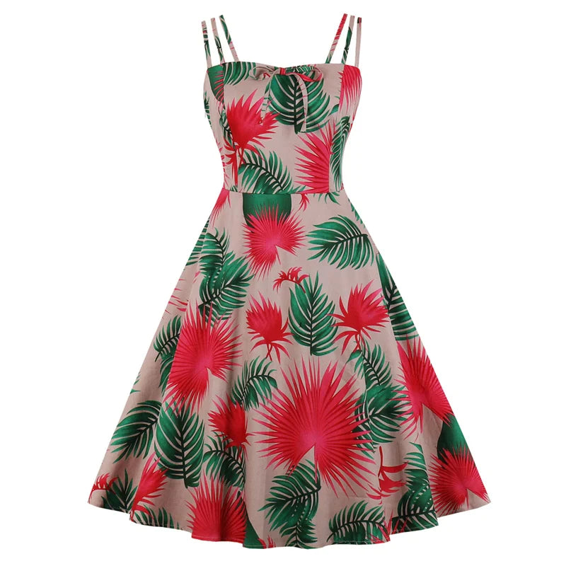 Bow Vintage Floral Party Cami Dress, Spaghetti Strap Cotton Retro Dress