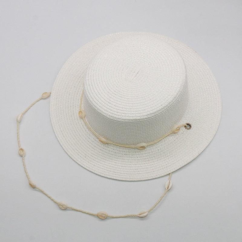 Fashion shell Chain Beach Hat, Summer Flat White Sun Hats Necklace Straps Hat - Belleroz