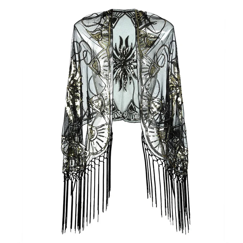 Luxury Accessory Open Front Vintage Flapper Fringe Shawl, Going Out Party Mesh Sequin Elegant Cape Shawls