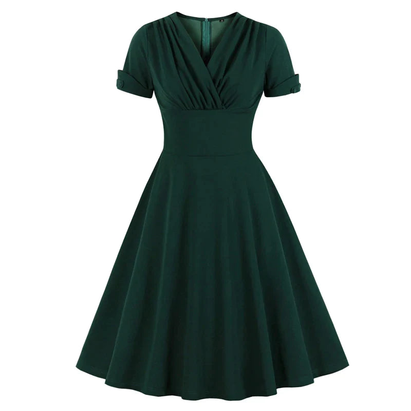 Retro Dress V Neck Wrap High Waist 1950S Vintage Green A Line Swing Dress, Solid Color Elegant Party Midi Retro Dress