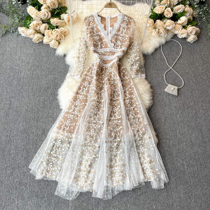 Bohemian Embroidered Flower Dress, Patchwork Lace Vintage Boho Dress