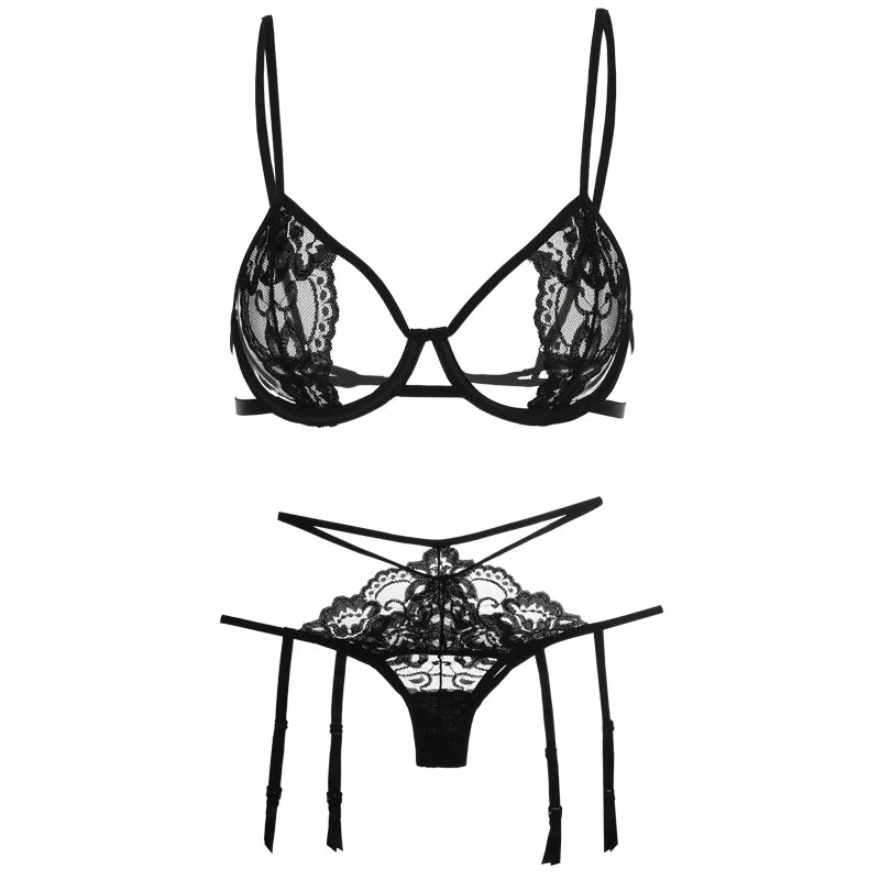 Transparent Lace Bra Lingerie Garter Set, Sexy Push Up Underwire Open Cup Bra Panties Garter Set