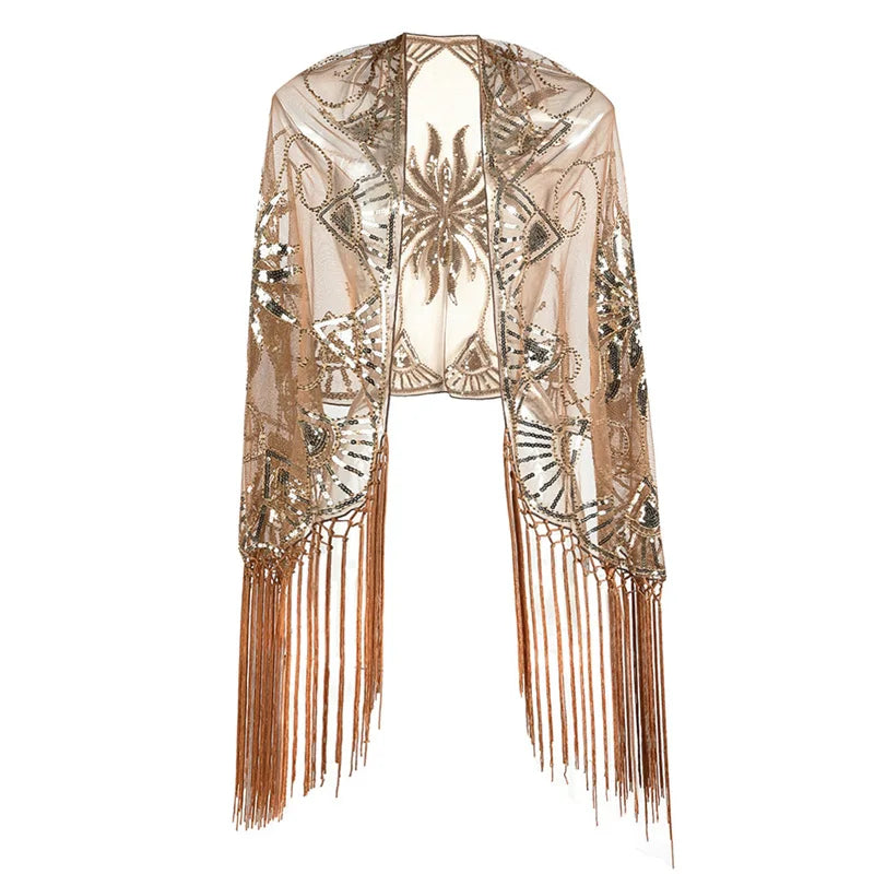 Luxury Accessory Open Front Vintage Flapper Fringe Shawl, Going Out Party Mesh Sequin Elegant Cape Shawls