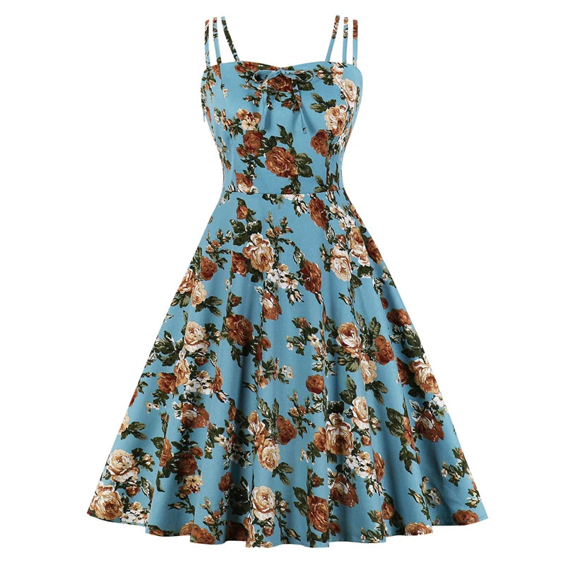 Bow Vintage Floral Party Cami Dress, Spaghetti Strap Cotton Retro Dress