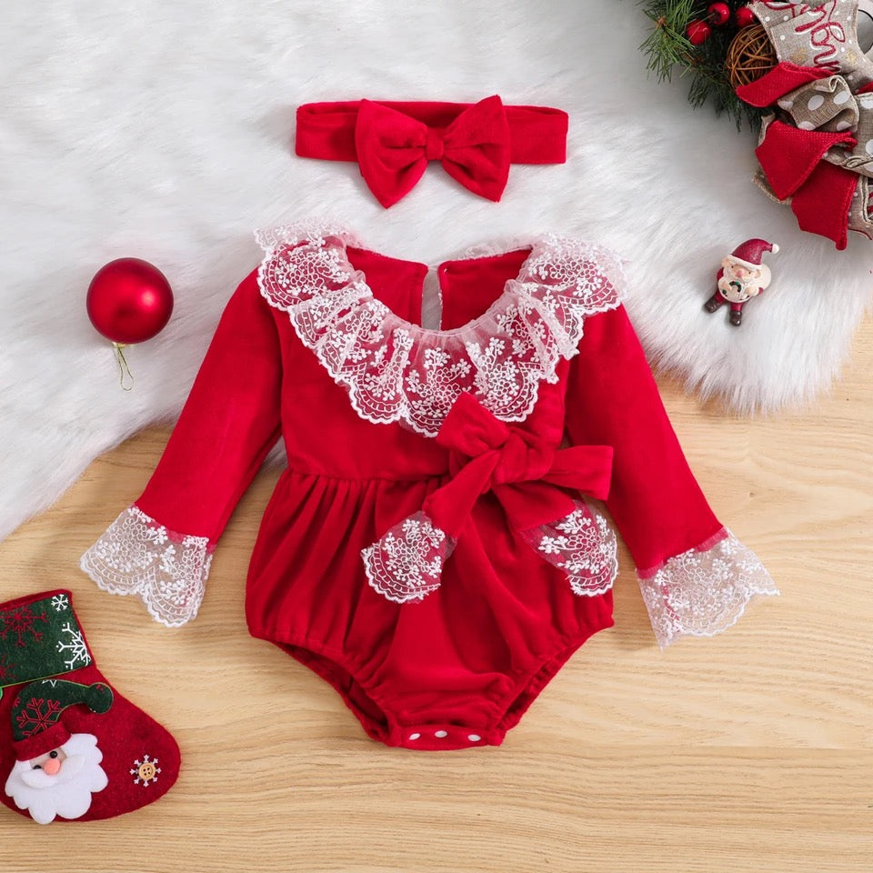 baby 3-24M Christmas Outfit, Baby Girls Romper Long Sleeve Lace Bow Velvet Jumpsuit