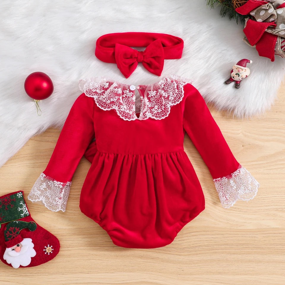 baby 3-24M Christmas Outfit, Baby Girls Romper Long Sleeve Lace Bow Velvet Jumpsuit