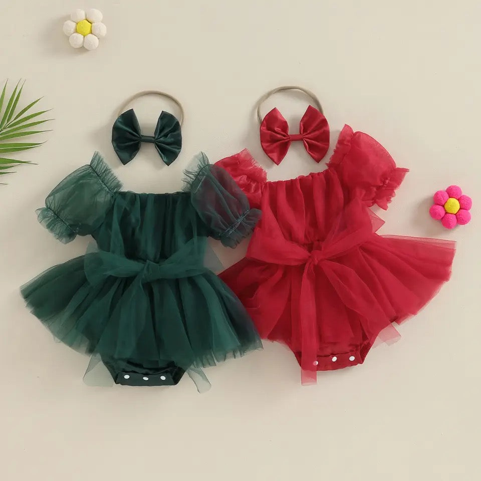 baby 0-24M Christmas Newborn Infant Baby Girl Red Romper, Tulle Bow Ruffle Jumpsuit Party Xmas Costumes With Headband Outfits