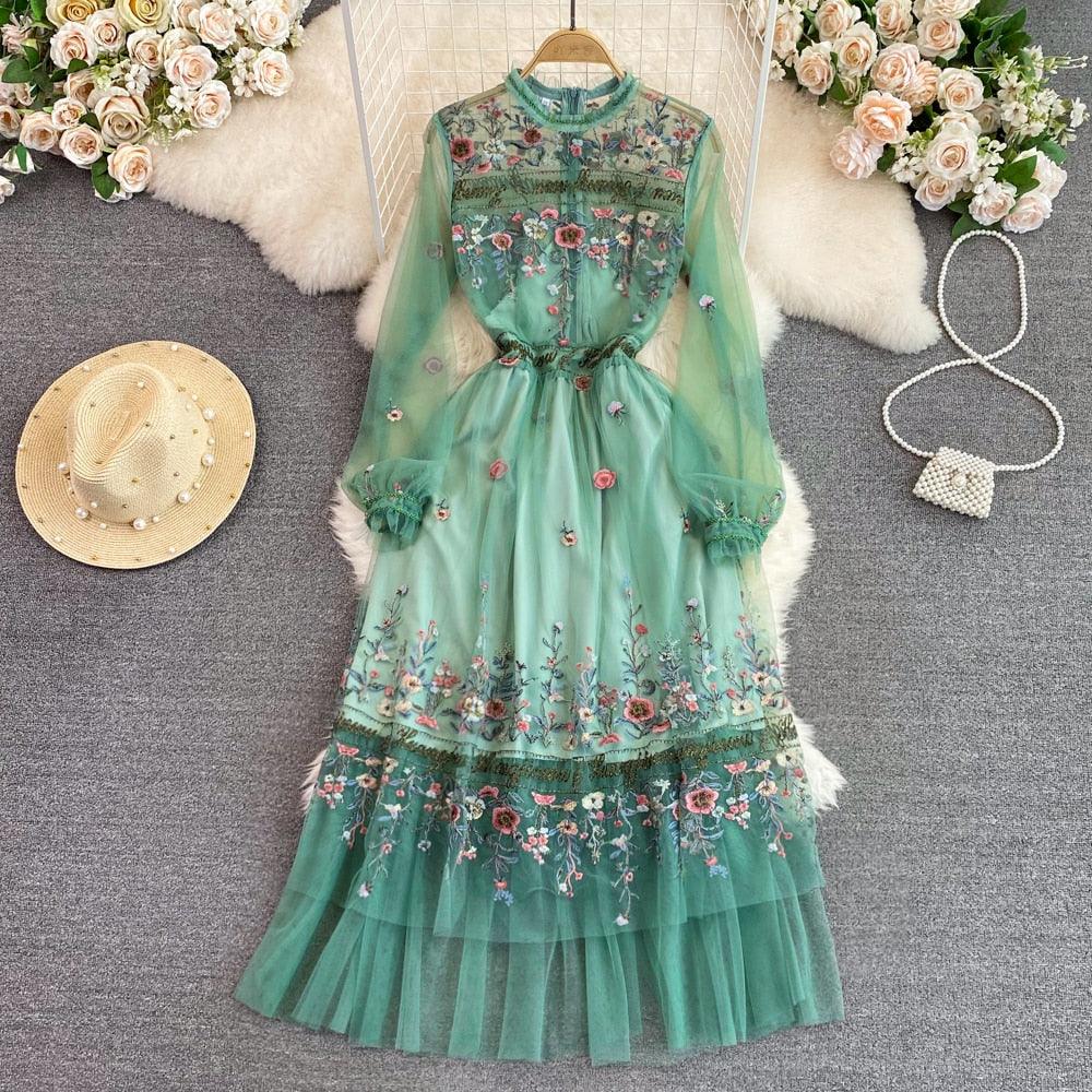 Bohemian Flower Embroidery Dress, Long Sleeve Mesh Lace Ruffles Dress - Belleroz
