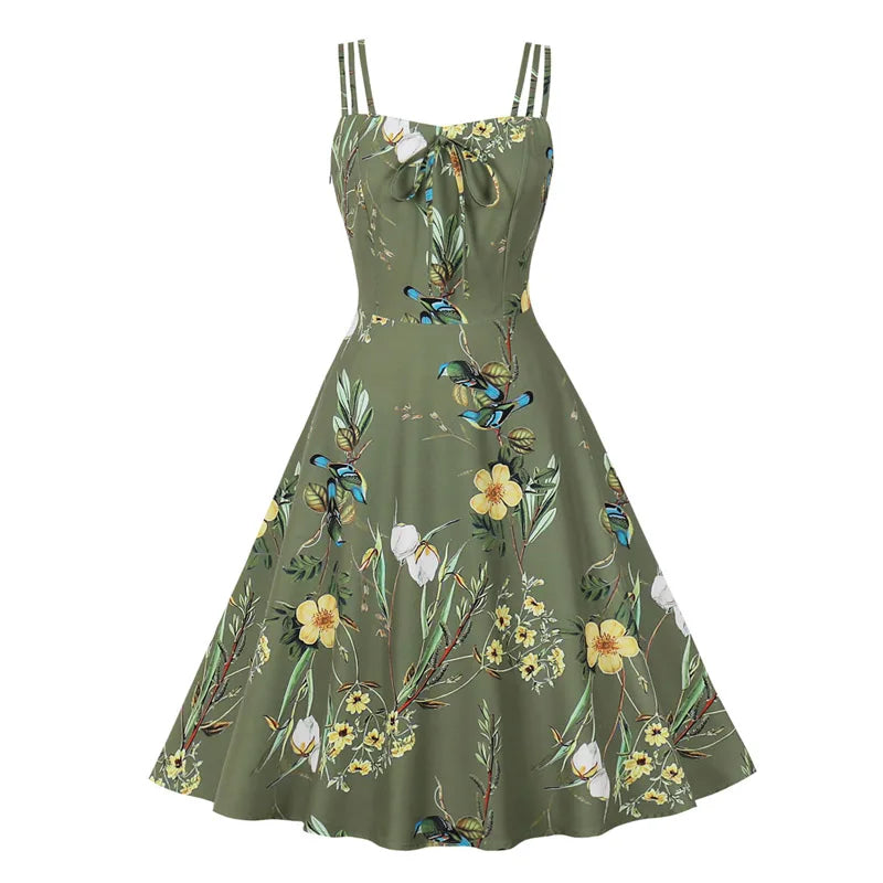 Retro Floral Dress, Spaghetti Strap Bow Front Party Dress