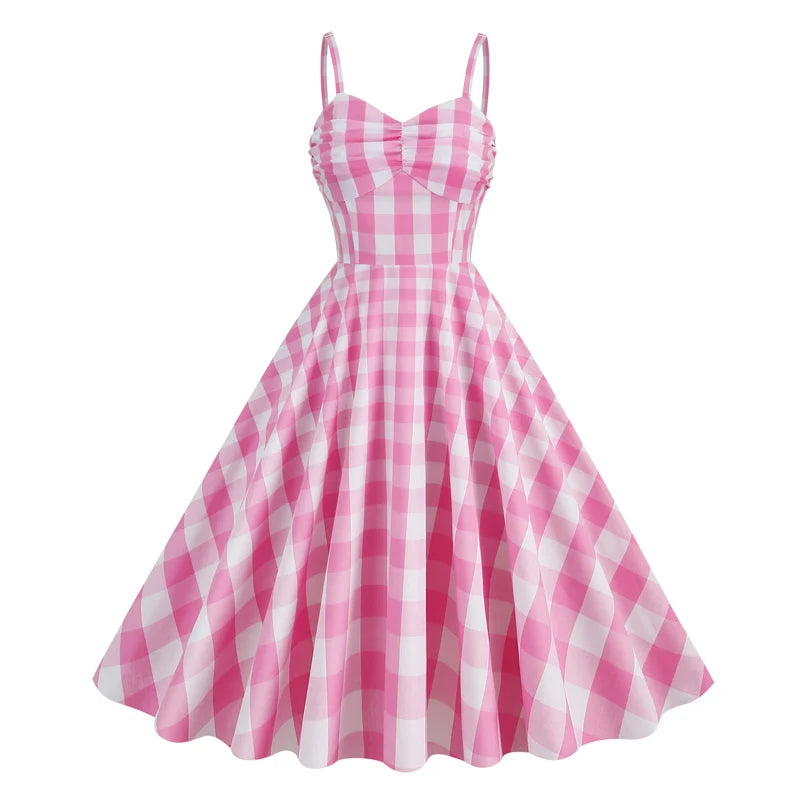 Vintage Retro Gingham Dress, Spaghetti Strap High Waist Party Retro Swing Dress