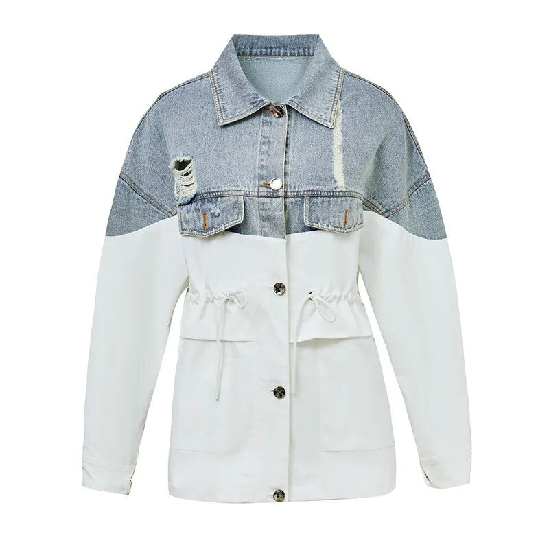 Denim Mid-length Trench Jacket, Casual Tooling Loose Jacket