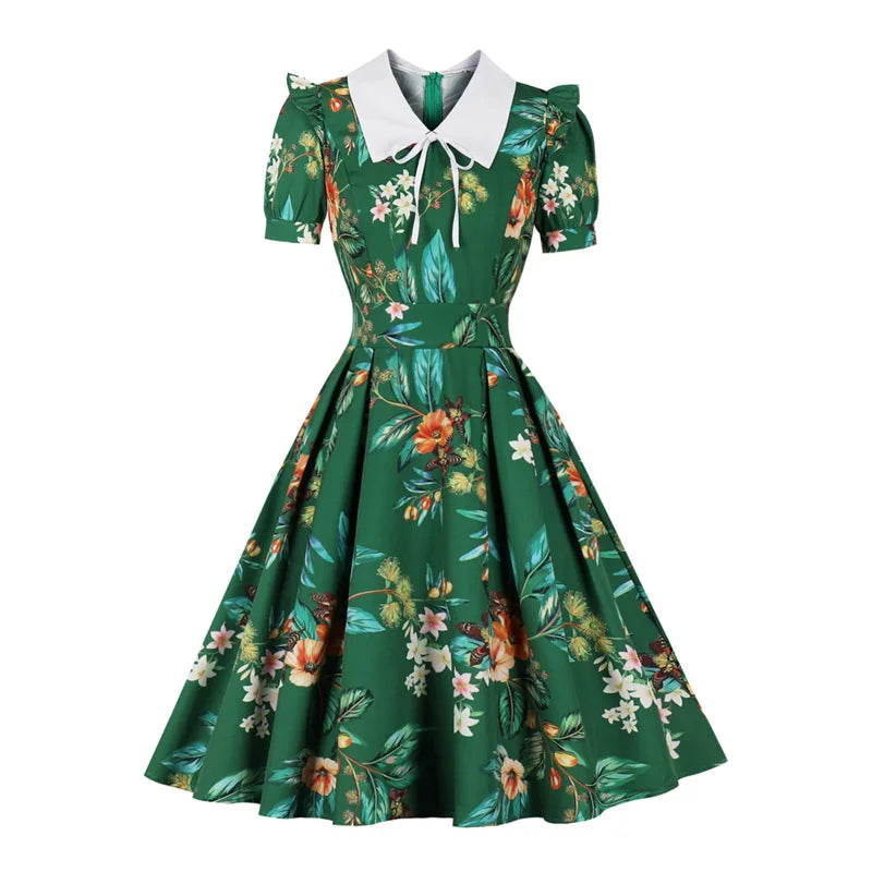 Turn-Down Collar Short Sleeve Retro Floral Dress, High Waist Pleated Vintage Green Dress