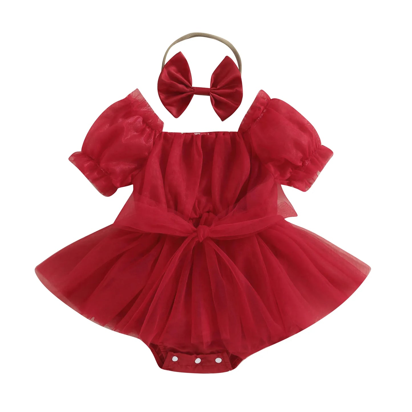 baby 0-24M Christmas Newborn Infant Baby Girl Red Romper, Tulle Bow Ruffle Jumpsuit Party Xmas Costumes With Headband Outfits