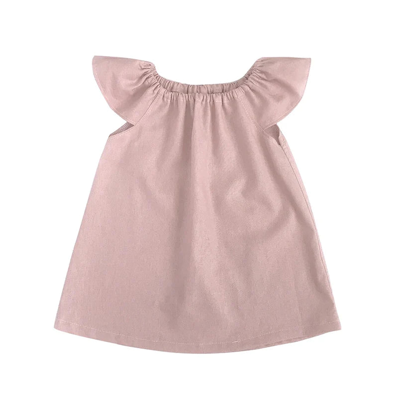 Girl Retro Cotton Linen Dress, Bamboo Fiber Blend Solid Color Cute Little Flying Sleeve Princess Dress 2-6T