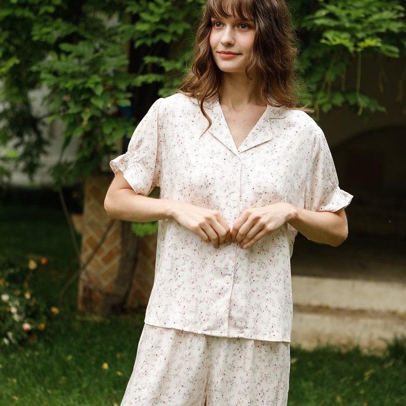 Vintage Summer Floral Shorts Pajama Sets, Soft Viscose Casual Sleepwear - Belleroz