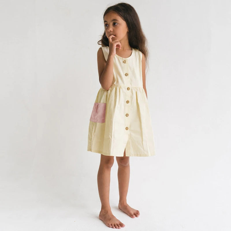 Girl Retro Linen Splicing Pockets Dress, Toddler Casual Loose Round Neck Buttons Cotton And Linen Dress 2-6T