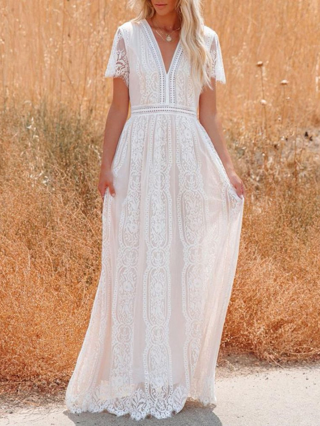 Bohemian Maxi Embroidery White Lace long Tunic Beach Dress