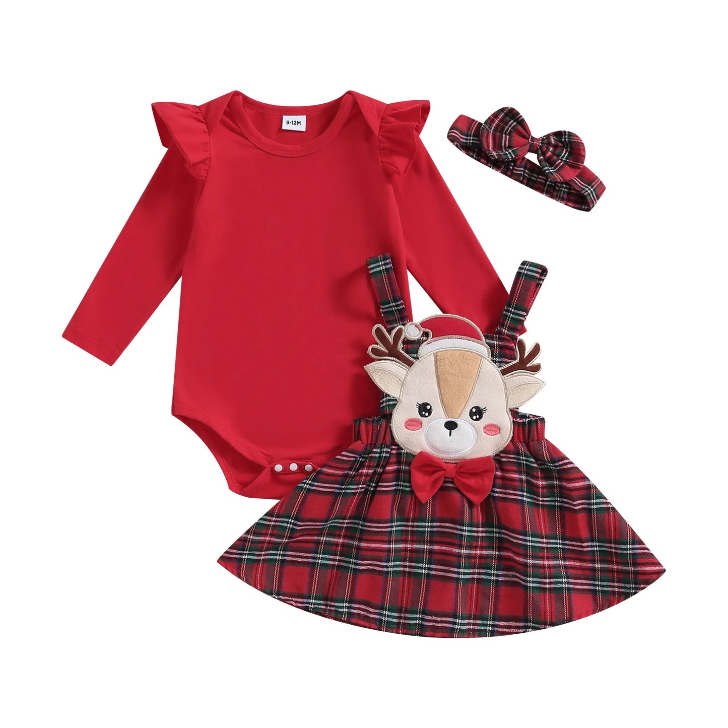 baby 0-18M Christmas Romper Set, Knit Red Romper Deer Plaid Dress With Headband Xmas Outfit