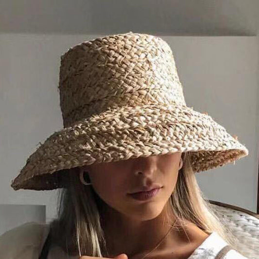 Wide Brim Raffia Beach Hats Flat Summer Sun Hat Ladies UV Bucket - Belleroz