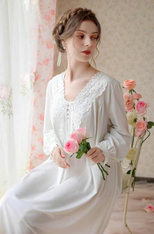 Vintage French Nightgown, Women Cotton Ruffles Lace-up Long Sleeve Nightgown, Vintage Victorian Lace V-neck Nightdress