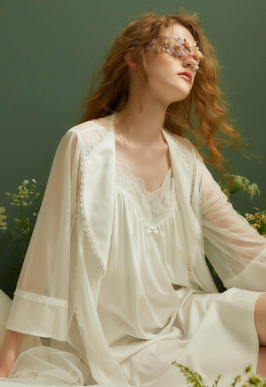 Victorian Nightgown, Vintage 2 Pieces Robe Sets, Royal Cotton Gauze Nightdress - Belleroz