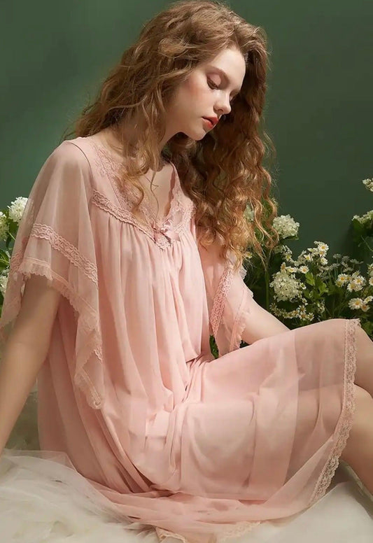 Vintage Gauze V- neck Short Sleeve Nightgown, Summer Lace Embroidery Loose Night Dress - Belleroz