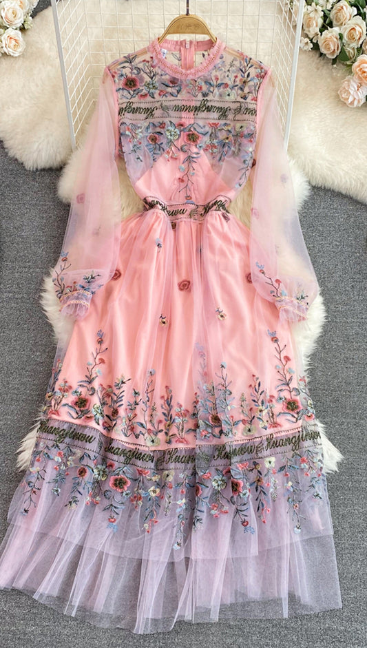 Bohemian Flower Embroidery Dress, Long Sleeve Mesh Lace Ruffles Dress