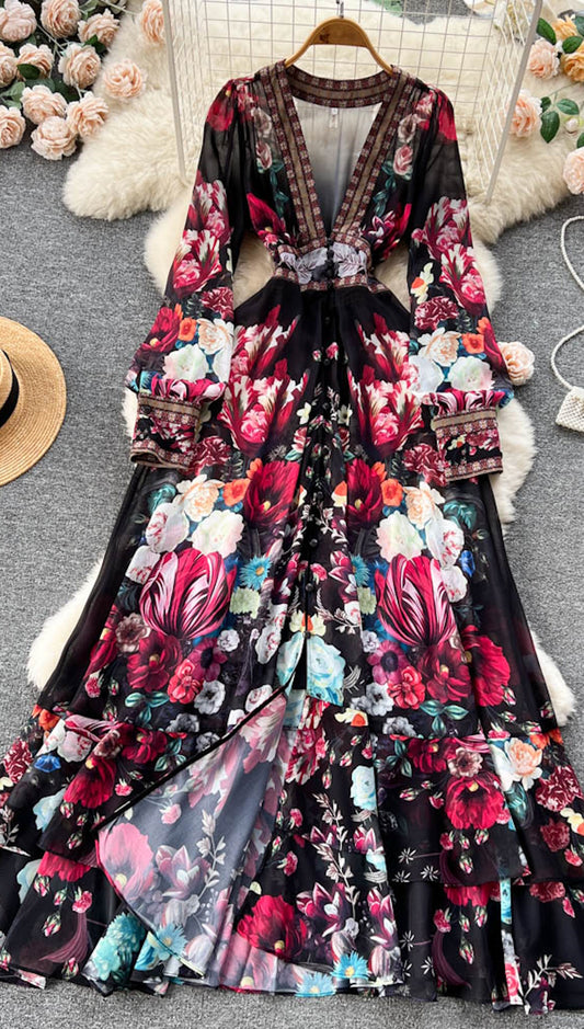 Bohemian Dress, Flower Chiffon Ruffles Dress, Deep V Neck Long Sleeve Floral Print Boho Dress