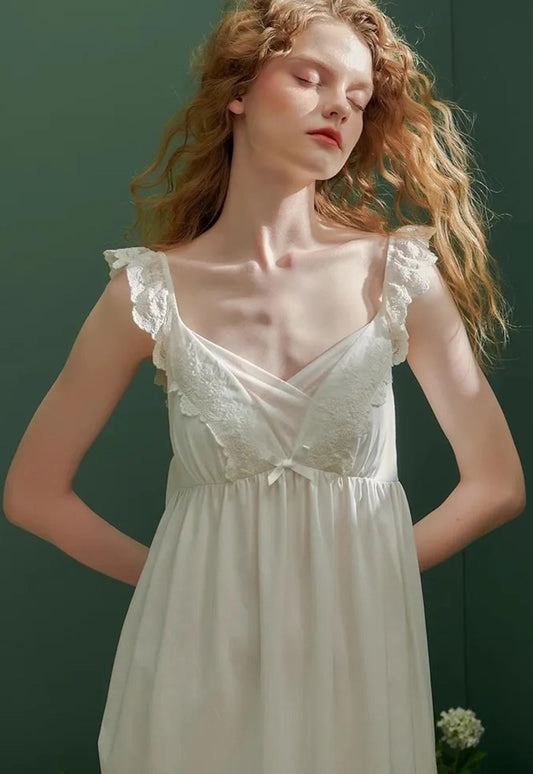 Retro V-neck With Bra Pads Cotton Nightdress, Elegant Princess Lace Summer Sleeveless Nightgown - Belleroz