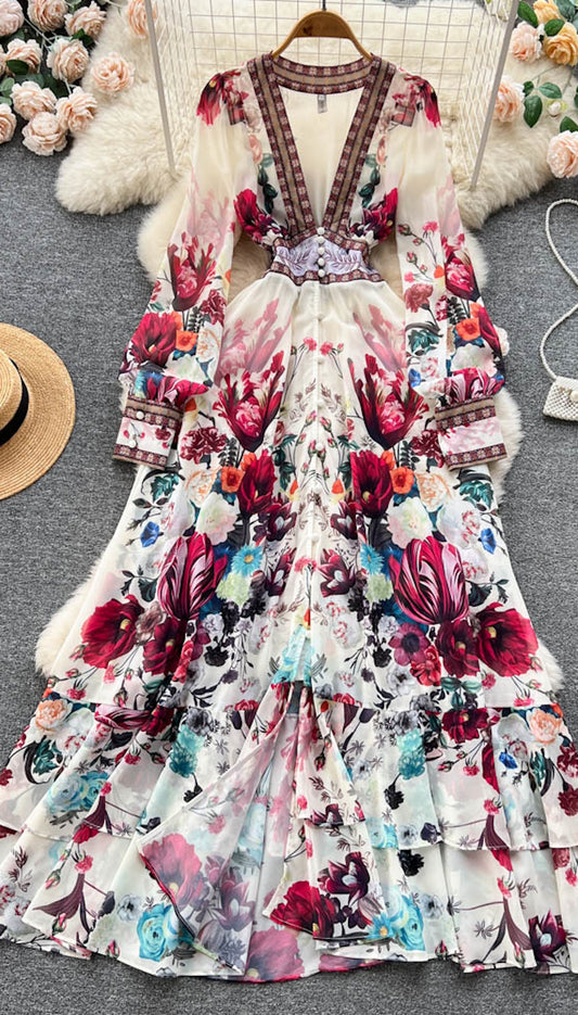 Bohemian Dress, Flower Chiffon Ruffles Dress, Deep V Neck Long Sleeve Floral Print Boho Dress