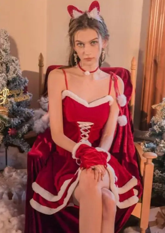 Velvet Christmas Nightgown, Velvet Sexy Lingerie Nightdress Sweet Lolita Christmas Sling Dress, Santa Claus Cosplay Costumes