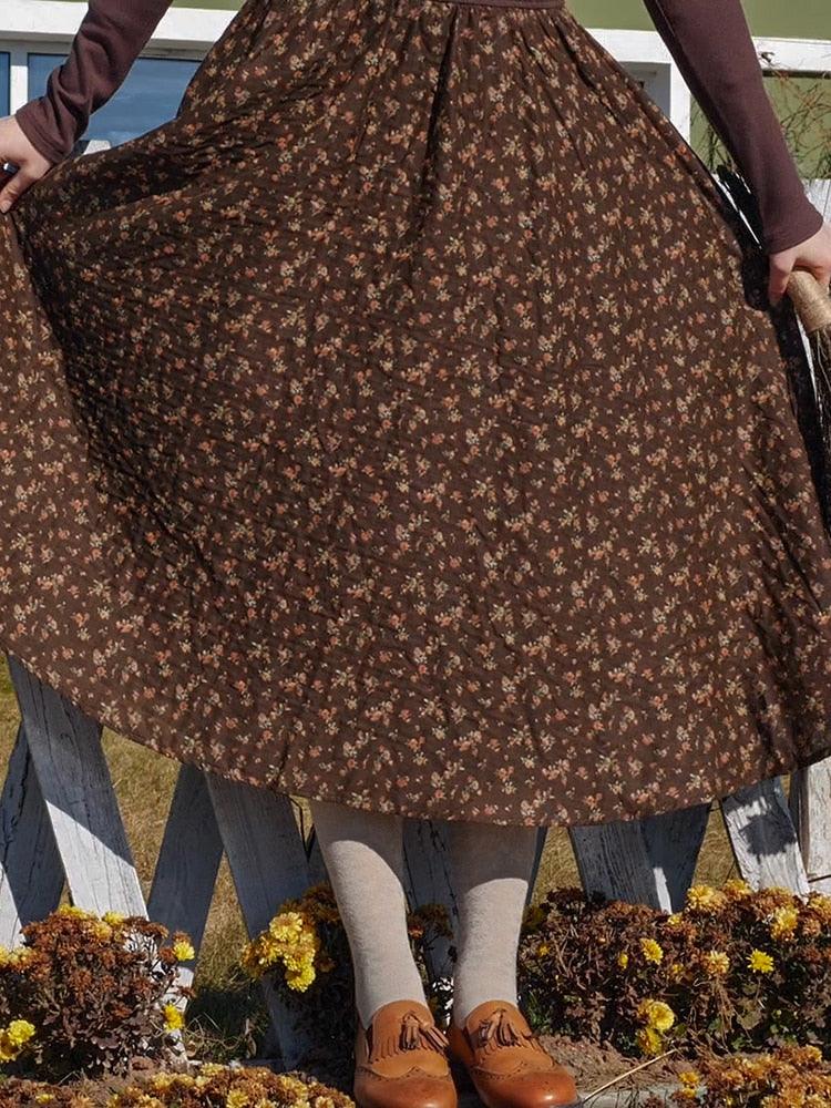 Ella Vintage Elegant Slim Long Dress Mori Girls Pastoral Style Floral Stand Collar Coffee Cotton Midi Dress - Sandrine Swank