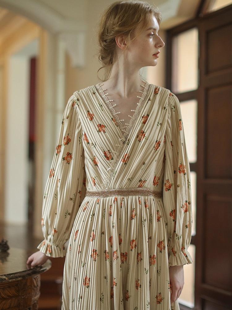 Elise Floral Velvet Pleated Dress Vintage Elegant Slim Lace V-Neck Shiny Rhinestone Big Swing Long Dress - Sandrine Swank