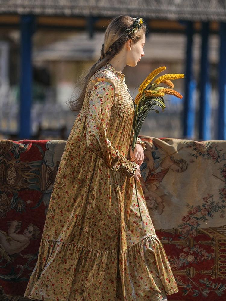 Elise Vintage Elegant  High Quality Velvet  Dress Floral Print Long Sleeve Casual Loose Midi Dress - Sandrine Swank