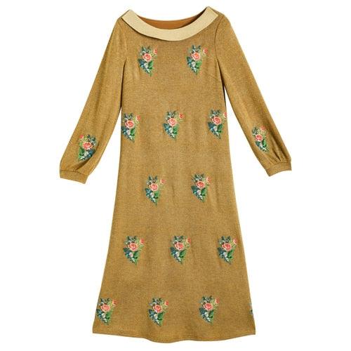 Elsie Vintage Mori Girls England Rose Embroidery Golden Thread Knitted Dress - Sandrine Swank