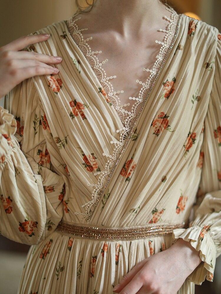 Elise Floral Velvet Pleated Dress Vintage Elegant Slim Lace V-Neck Shiny Rhinestone Big Swing Long Dress - Sandrine Swank