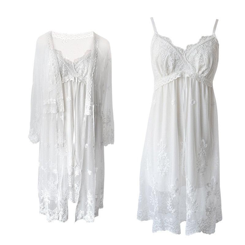 Victorian nightgown, Vintage Women's Nightgown, White Lace 2-Pics Royal Lace Nightgown - Belleroz