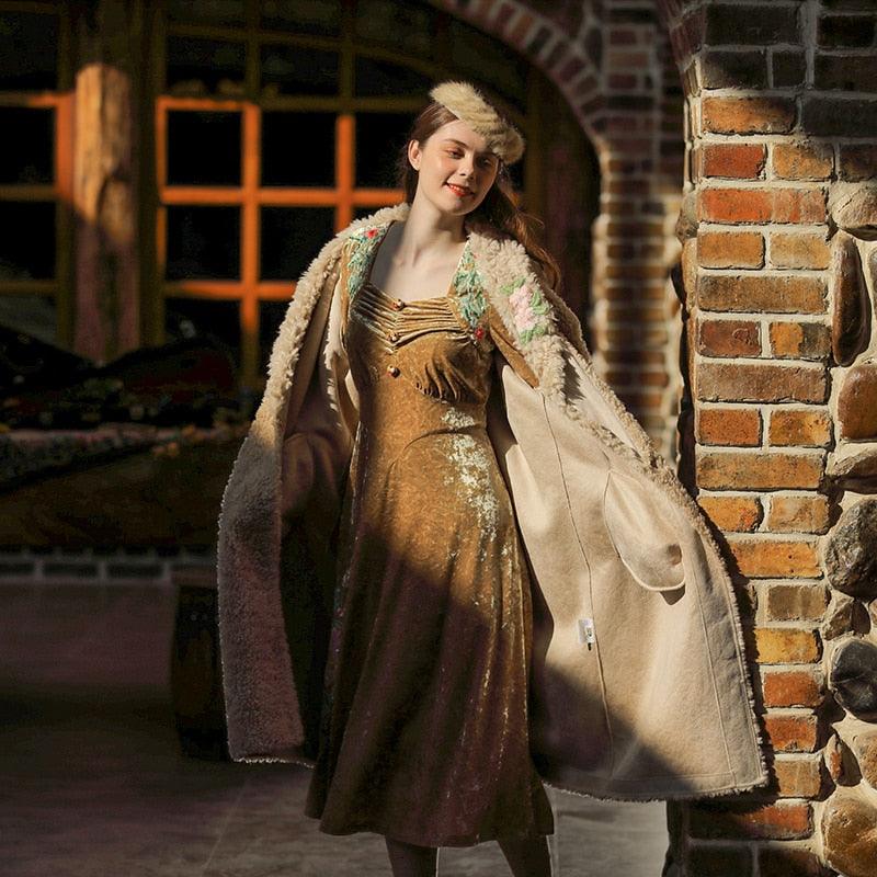 Elsie Vintage Elegant Slim Long Sleeve Sequins Embroidery Camel Long Velvet Dress - Sandrine Swank