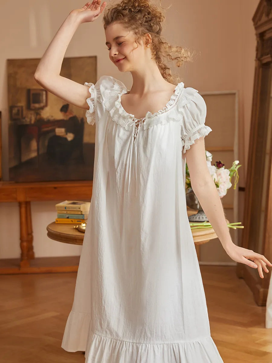 Vintage Cotton Viscose Women's Long Nightgown, Vintage Short Sleeve Loose Royal Nightdress